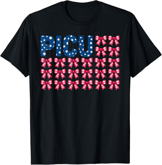 PICU Nurse Coquette Bow US Flag 4th Of July Peds ICU Nurse T-Shirt