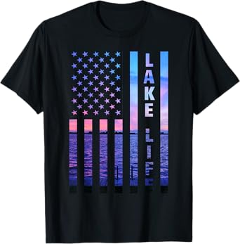 Lake Life American Flag Dock Sunset Wakeboarder Power Boat T-Shirt