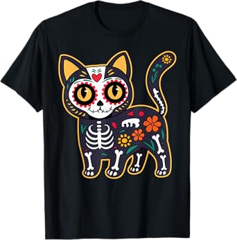 Sugar Skull Cat Halloween Dia De Los Muertos Day of Dead Men Women Kids T-Shirt