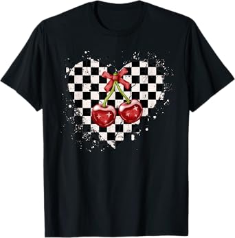 Checkered Black White Coquette Bow Red Cherries Heart Retro T-Shirt