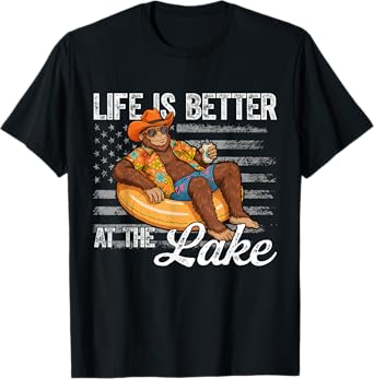 Life Is Better At The Lake Funny Bigfoot USA Flag Lake Life T-Shirt