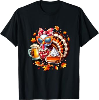 Turkey Bow Tie Sunglasses Drinking Beer Thanksgiving Women T-Shirt