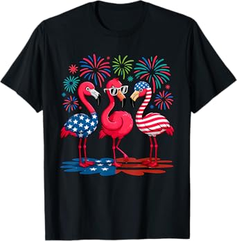 Flamingos And Fireworks Red White Blue 4th Of July American T-Shirt