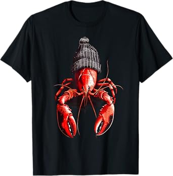 Vintage Funny Lobster With Beanie Graphic Art Lobster Lover T-Shirt