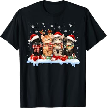 Cat Christmas Light Reindeer Santa Christmas Cat Lover Xmas T-Shirt