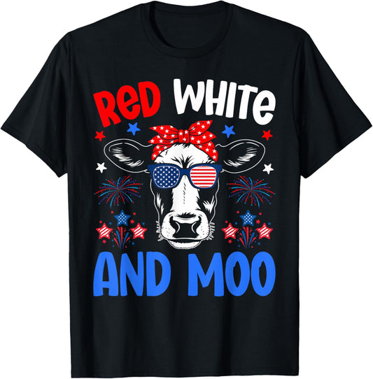 Red White and Moo Patriotic Cow USA Flag for 4th of July T-Shirt