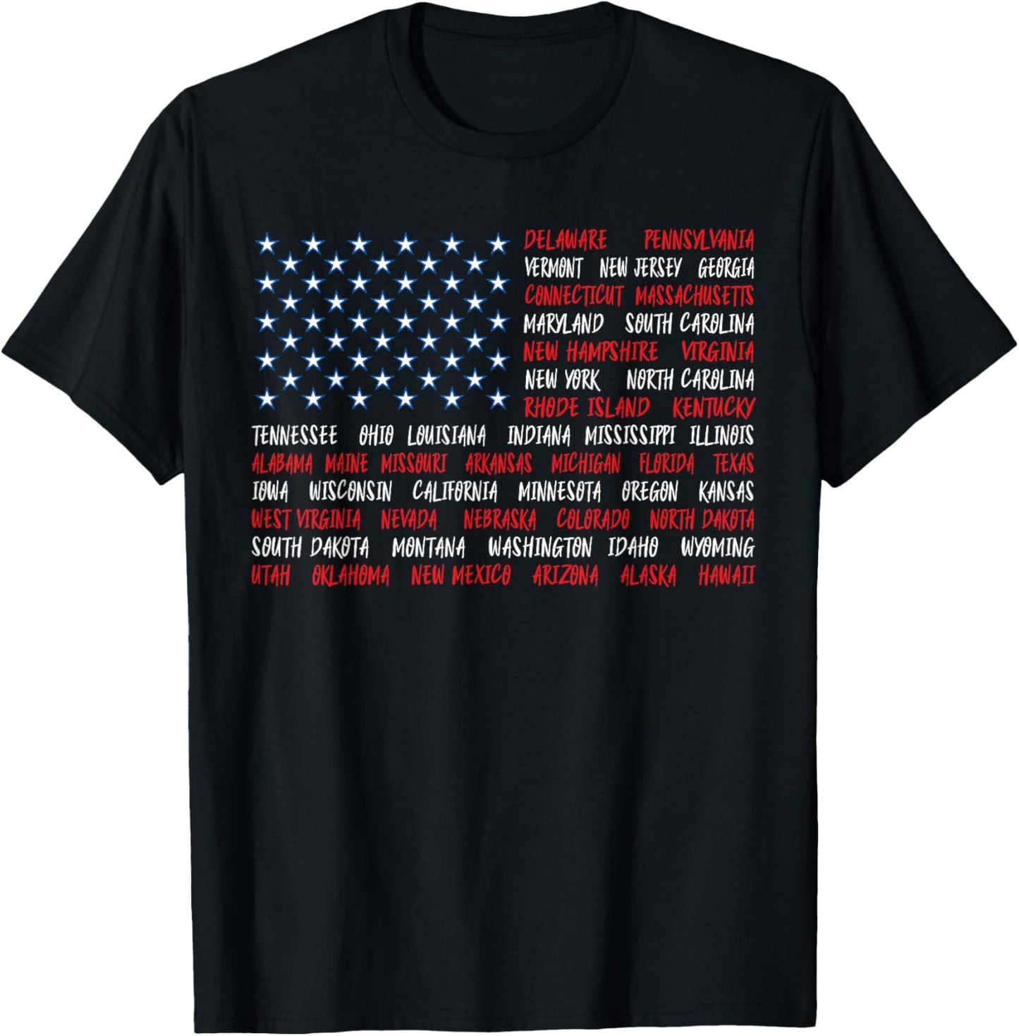 Patriotic July 4th USA American Flag All 50 State Names T-Shirt