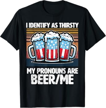I Identify As Thirsty Funny Beer Pronouns Retro T-Shirt