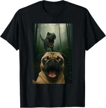 Dog Pug Selfie With T-Rex Dinosaur Funny T-Shirt