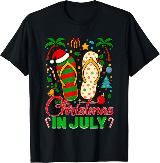 Christmas In July Flip Flops Summer Vacation Women Girls T-shirt