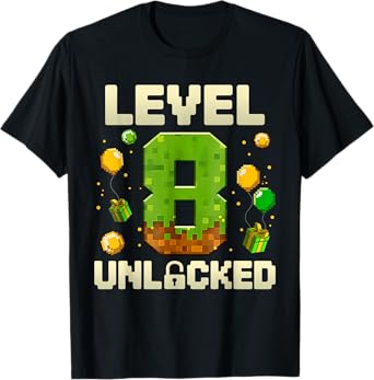 Birthday Boy Shirt Level 8 Unlocked 8th Birthday Game Pixel T-Shirt