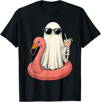 Summerween Ghost With Flamingo Floatie Womens Halloween Top T-Shirt