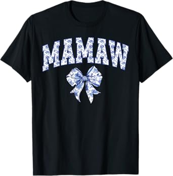 Mamaw Coquette Toile Blue Bow Floral Family Matching T-Shirt