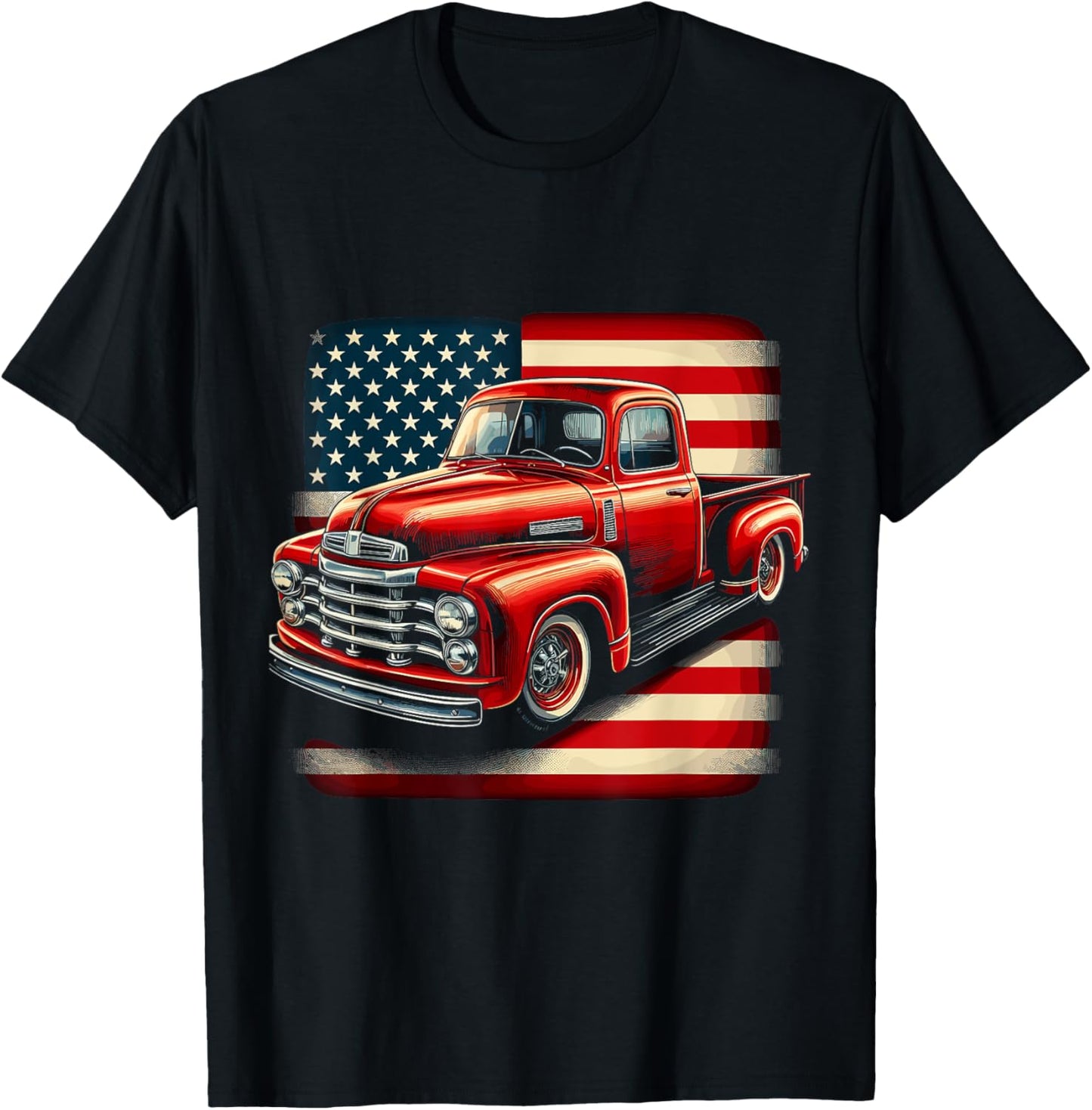 Classic Old Pickup Truck 4th of July Patriotic American Flag T-Shirt