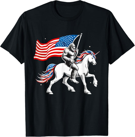 Patriotic Bigfoot Riding Unicorn 4th Of July Sasquatch T-Shirt