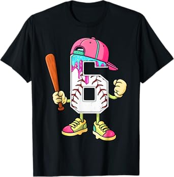 Baseball 6th Birthday Boy Ice Cream Drip 6 Year Old Birthday T-Shirt