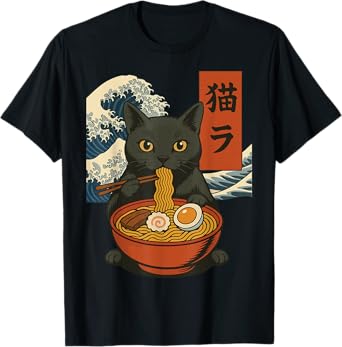 Anime Cat Eating Ramen Retro Kawaii Ramen Cat T-Shirt