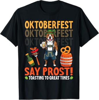 Say Prost Pit Bull Dog with Pretzel & Beer Oktoberfest Vibes T-Shirt