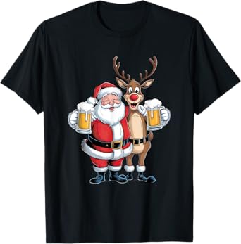 Santa Having a Beer with Reindeer. Funny Xmas Holidays T-Shirt