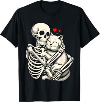 Skeleton Hugging Cat Halloween Cat Lover Cat Mom Dad T-Shirt for Men Women Kids