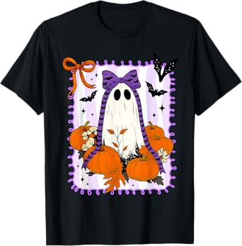 Spooky Vibes Retro Ghost Coquette Bow Halloween Women Girls T-Shirt