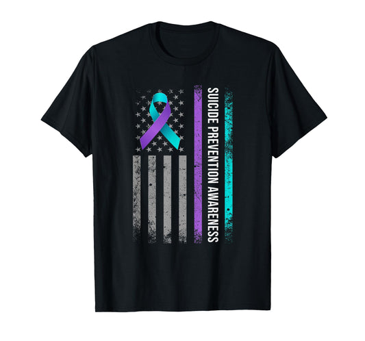 American Flag Suicide Prevention Awareness Teal and Purple T-Shirt