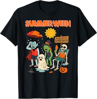 Summerween Skeleton Beach Party Halloween Vibes T-Shirt