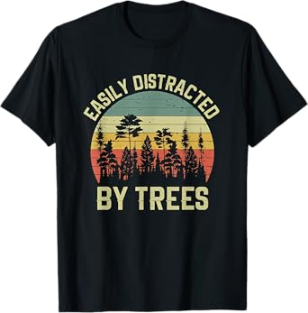 Wekon Easily Distracted By Trees Vintage Funny Tree T-Shirt - Unisex - Black - Small - Short Sleeve - Crew Neck - Retro Tree Print