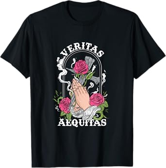 Veritas Aequitas Cross Roses Praying Hands Pray God Gift T-Shirt