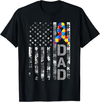Autism Awareness Dad USA Flag Fathers day T-Shirt