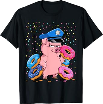 Pig Lover Gift Co. | Unisex Pig Cop Police Officer Doughnut T-Shirt - Black, Small, Short Sleeve