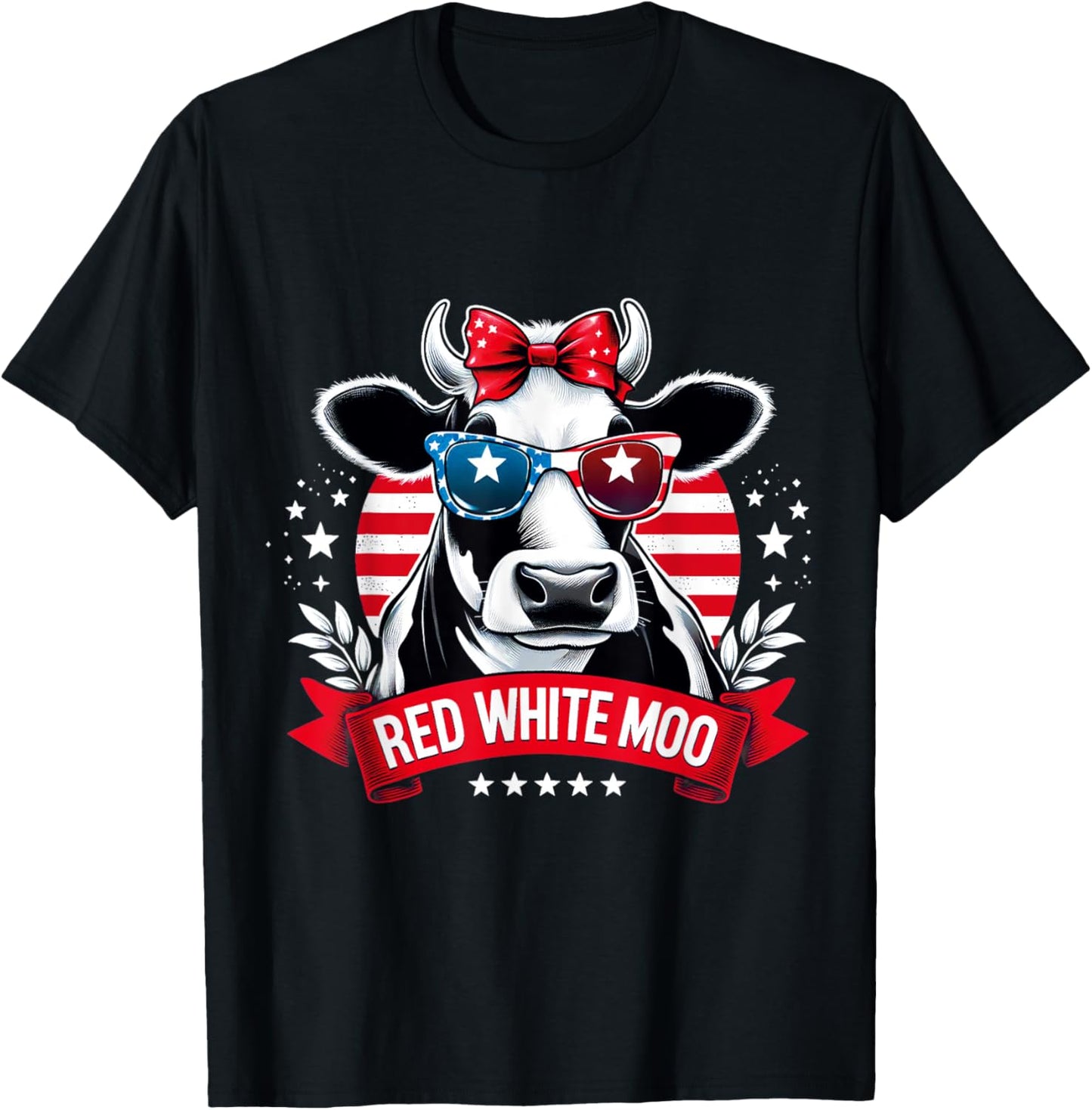Patriotic Cow USA Flag 4th of July Red and White and Moo T-Shirt