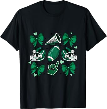 Football Cheer Mom Sister Coquette Bow Game Day Green Women T-Shirt