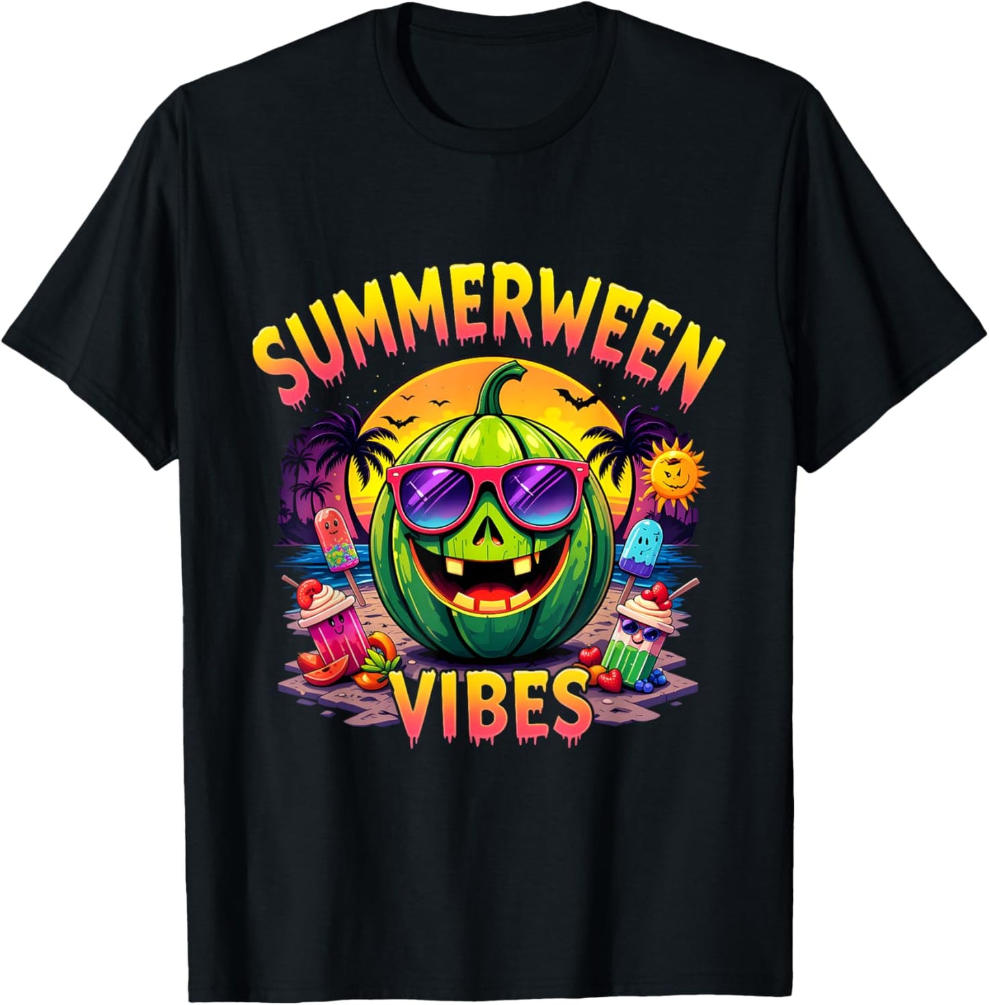 Summer Watermelon Jack-O-Lantern Summerween Vibes Skeleton T-Shirt