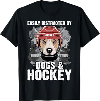 Easily Distracted By Dogs And Hockey Funny Dog Owner T-Shirt for Men Women Kids