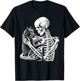 Skeleton Holding A Cat Funny Lazy Halloween Costume Skull T-Shirt