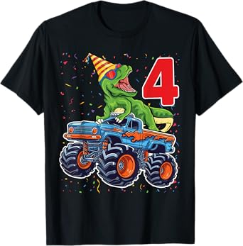 4th Birthday Monster Truck Dinosaur Birthday Boys 4 Year Old T-Shirt