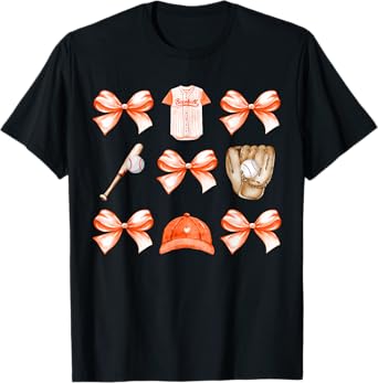 Baseball Game Day Orange Coquette Bow Baseball Mom Retro T-Shirt