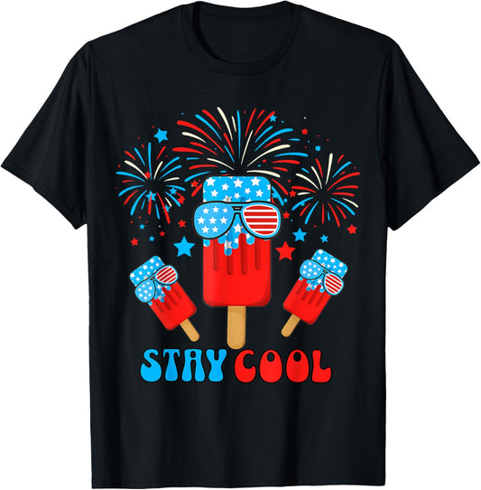 Stay Cool Ice Pop 4th July Patriotic American Flag T-Shirt