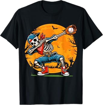 Dabbing Skeleton Baseball Halloween Spooky Baseball Player T-Shirt