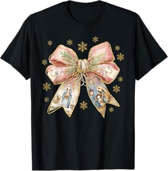 Coquette Bow Snowflake Jesus Christmas Xmas Holiday Family T-Shirt