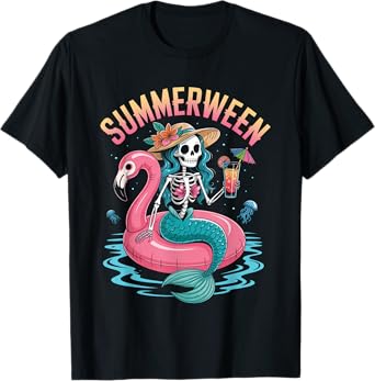 Summerween Mermaid Skeleton Beach Flamingo Halloween Girl T-Shirt