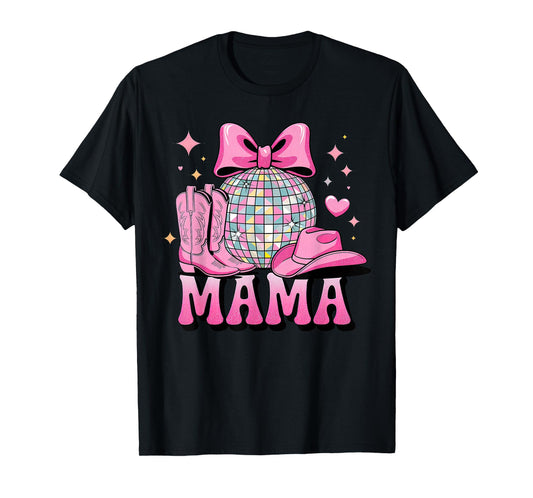 Pink Cowboy Hat Western Cowgirl Mama Bow Groovy Country Mom T-Shirt