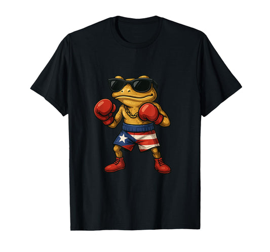 Boxing Coqui Puerto Rican Flag Sunglasses Boricua Fun T-Shirt