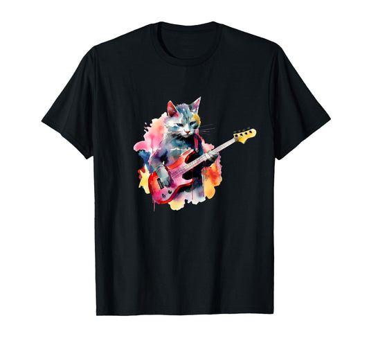 Cat Playing Bass Guitar Watercolor Graphic Design T-Shirt