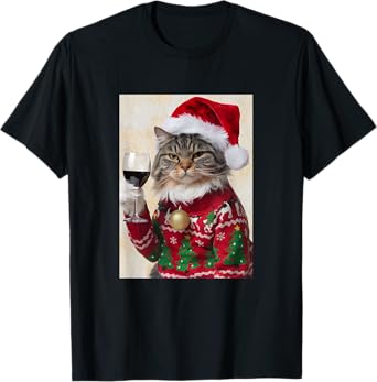Cat Drinking Wine Cute Cat Holding Red Wine Lovers T-Shirt