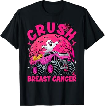 Halloween Ghost Monster Truck Crush Breast Cancer Awareness T-Shirt