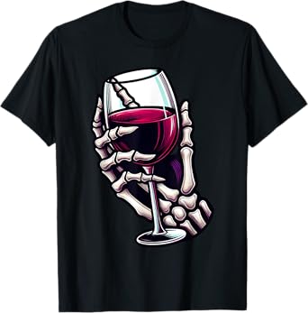 Funny Halloween Skeleton Hand Holding Wine Glass Costume T-Shirt