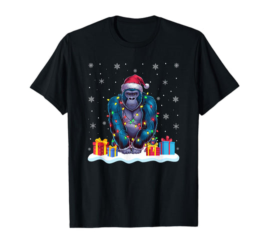 Gorilla Santa Hat Christmas Tree Light Xmas Pajama T-Shirt