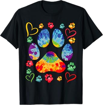 Cute Tie Dye Dog Paw Love Heart Print Colorful Pet Dog Lover T-Shirt